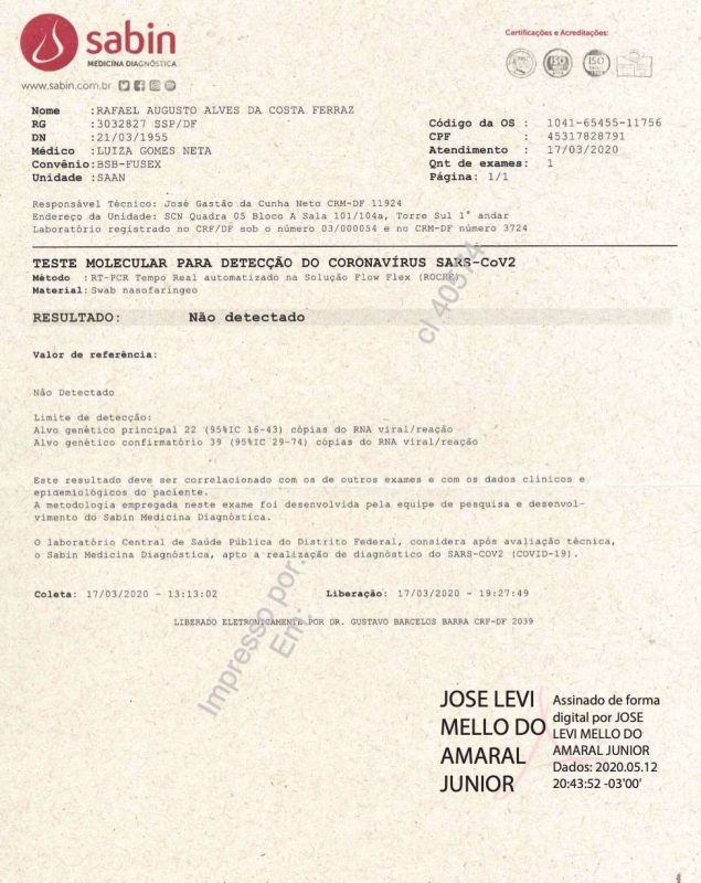 Exames de Jair Bolsonaro para Covid-19 forma publicados nesta quarta-feira (13)- Foto: Divulgação/ND