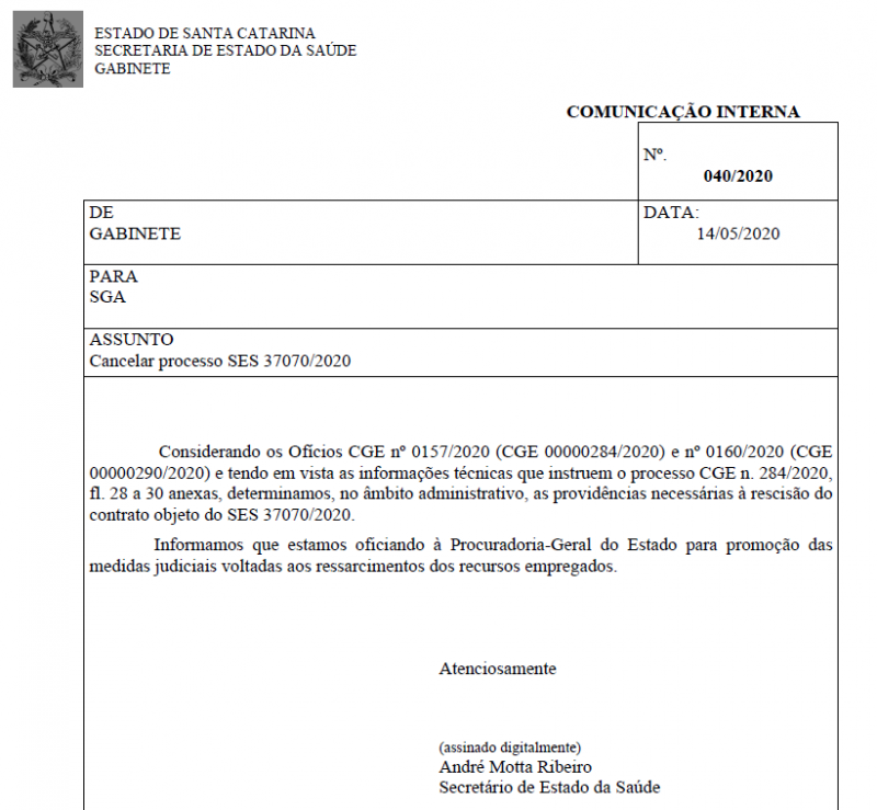 Documento mostra solicitação para rescisão do contrato – Foto: Reprodução/ND
