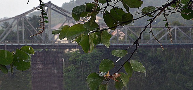 Imagem da Ponte de Ferro em segundo plano. Na imagem é possível observar que chove em Blumenau.