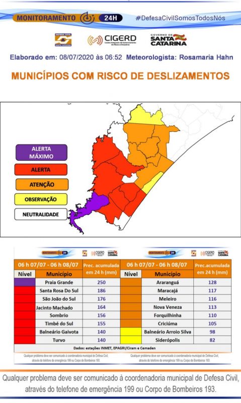 Alerta de deslizamentos no Sul do Estado – Foto: Defesa Civil/Divulga&ccedil;&atilde;o