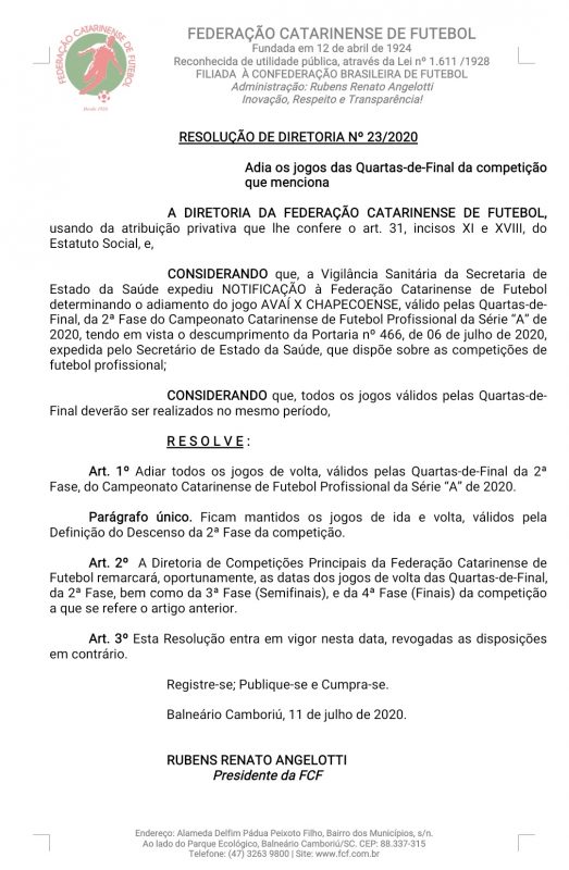 Documento assinado pela FCF – Foto: FCF/Divulga&ccedil;&atilde;o
