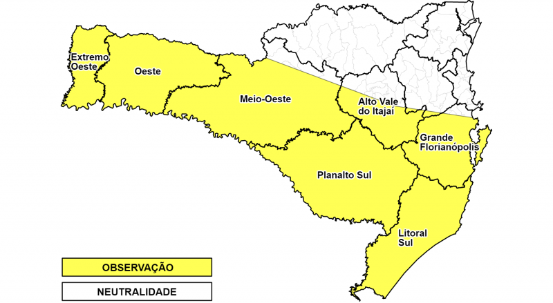 Áreas em amarelo têm alerta para temporais a partir desta quinta-feira – Foto: Defesa Civil/Divulgação