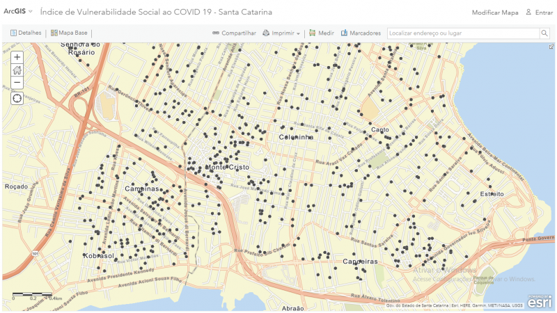 Mapa mostra regi&otilde;es de Florian&oacute;polis com mais vulnerabilidade – Foto: Mapa/Epagri