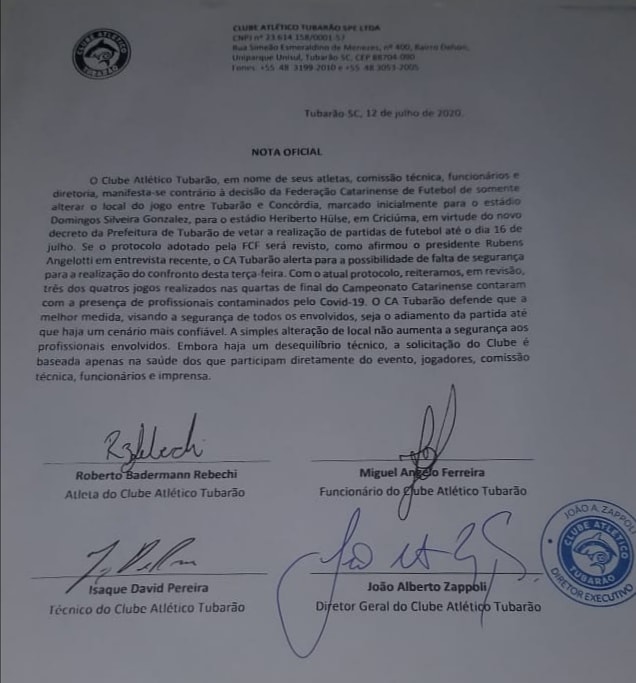 Documento emitido pela diretoria do Tubar&atilde;o – Foto: Reprodu&ccedil;&atilde;o