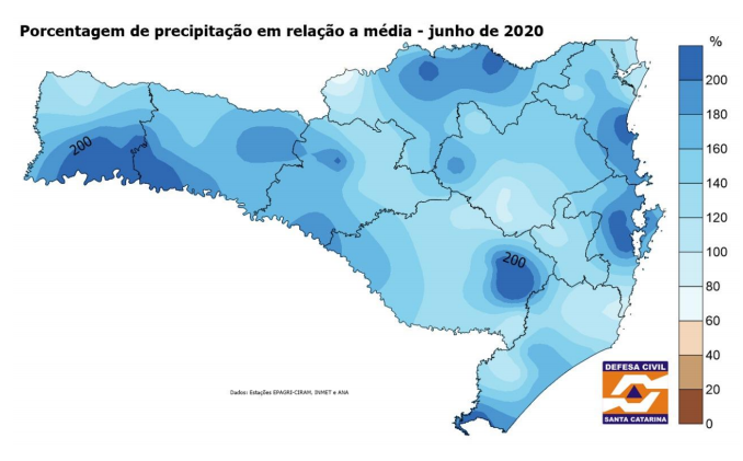 Distribui&ccedil;&atilde;o de chuvas no m&ecirc;s de junho, segundo dados da Cemaden, Epagri/Ciram, ANA e INMET – Foto: Divulga&ccedil;&atilde;o/Governo do Estado de Santa Catarina