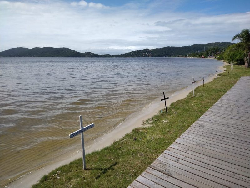 Dezenas de cruzes foram espalhadas à beira da Lagoa da Conceição – Foto: Mylena Petrucelli/Divulgação/ND