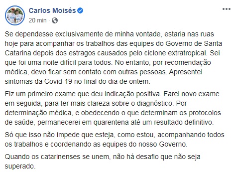 Governador Carlos Moisés publicou em uma rede social sobre o diagnóstico positivo para Covid-19 &#8211; Foto: Reprodução/Redes Sociais/ND
