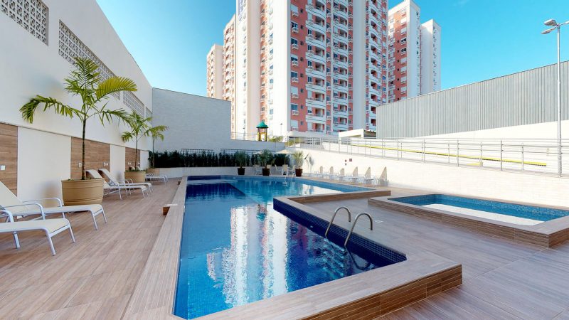 Um dos atrativos da área social: piscinas adulto e infantil – Foto: AM Construções/Divulgação/ND