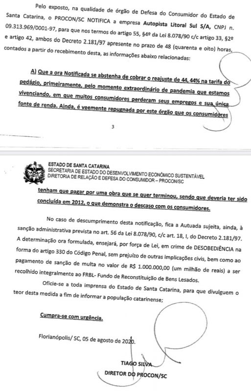 Documento assinado pelo presidente do Procon SC, Tiago Silva – Foto: Procon SC/Divulga&ccedil;&atilde;o/ND