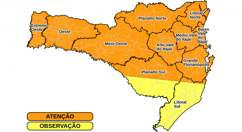 Em laranja as regi&otilde;es em estado de aten&ccedil;&atilde;o em SC – Foto: Reprodu&ccedil;&atilde;o/ND