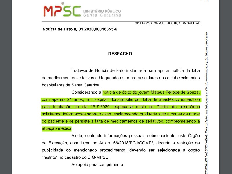 No mesmo dia 24 de julho em que a reportagem obteve os dados do registro público de óbitos o MP instaurou procedimento para investigar a morte – Foto: Reprodução/ND
