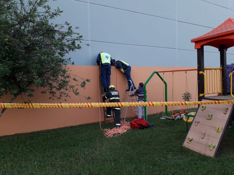 Bombeiros resgatam crian&ccedil;a presa entre muro de escola e galp&atilde;o em Gaspar – Foto: Divulga&ccedil;&atilde;o/Corpo de Bombeiros de Gaspar
