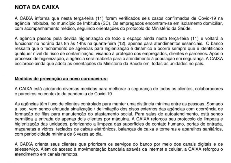 Nota da Caixa sobre os funcion&aacute;rios com Covid-19, em Imbituba – Foto: Reprodu&ccedil;&atilde;o/ND