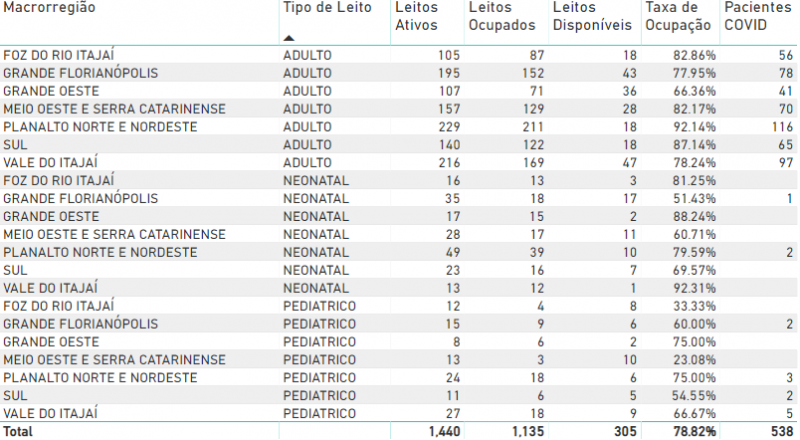 Ocupa&ccedil;&atilde;o de leitos por regi&atilde;o – Foto: Divulga&ccedil;&atilde;o/Governo do Estado de Santa Catarina