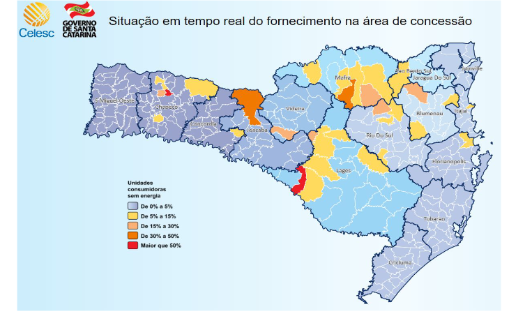 Situa&ccedil;&atilde;o da distribui&ccedil;&atilde;o de energia em SC por volta das 14h – Foto: Defesa Civil/Divulga&ccedil;&atilde;o/ND