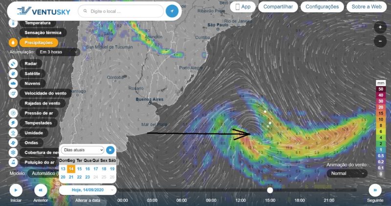 Localiza&ccedil;&atilde;o onde o ciclone est&aacute; em alto mar, pr&oacute;ximo ao litoral da Argentina – Foto: Reprodu&ccedil;&atilde;o