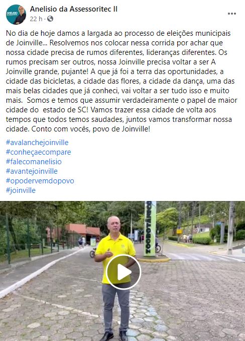 Anelisio divulgou v&iacute;deo dando o pontap&eacute; inicial na campanha – Foto: Redes sociais/ND