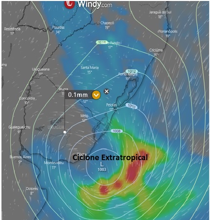 Mapeamento do impacto do ciclone, que deve atingir o Rio Grande do Sul de maneira mais intensa – Foto: Divulga&ccedil;&atilde;o/ND
