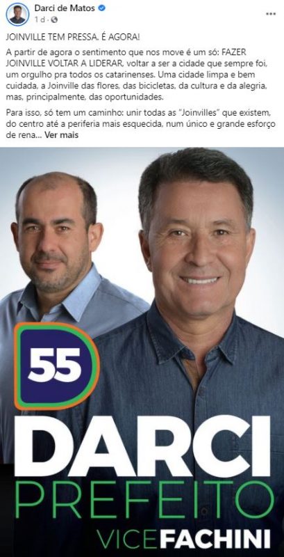 Darci publicou post em suas redes sociais – Foto: Redes sociais/ND