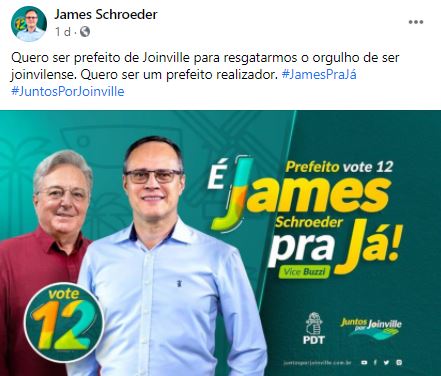 Este foi o post de destaque do in&iacute;cio da campanha de James Schroeder – Foto: Redes sociais/ND