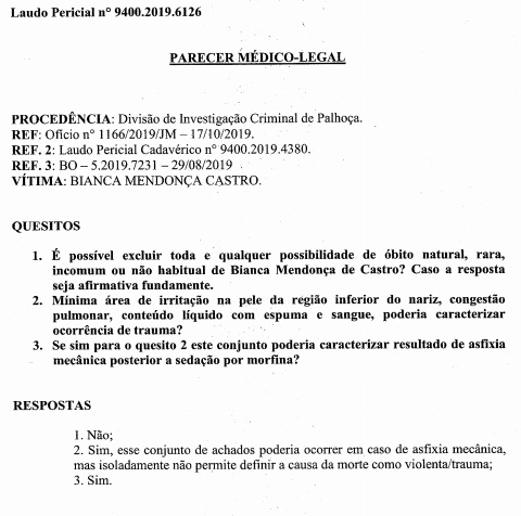 Parecer m&eacute;dico-legal emitido pelo IGP no dia 4 de dezembro de 2019 – Foto: Reprodu&ccedil;&atilde;o/ND