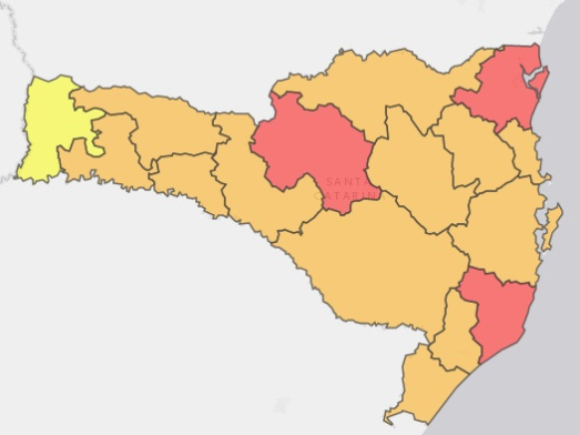 Mapa de risco por regi&atilde;o do Estado atualizado nesta quarta-feira (9) – Foto: Secret&aacute;ria de Sa&uacute;de de SC/Divulga&ccedil;&atilde;o/ND