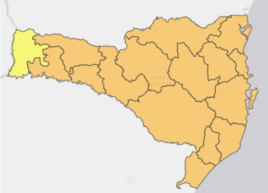 Extremo Oeste (em amarelo) figura como a &uacute;nica regi&atilde;o em risco alto, enquanto todas as outras, em laranja, est&atilde;o em risco grave – Foto: Divulga&ccedil;&atilde;o/ND