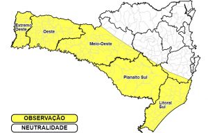 &Aacute;reas em amarelo devem ser as mais atingidas pelas rajadas de vento – Foto: Divulga&ccedil;&atilde;o/Defesa Civil de Santa Catarina/ND