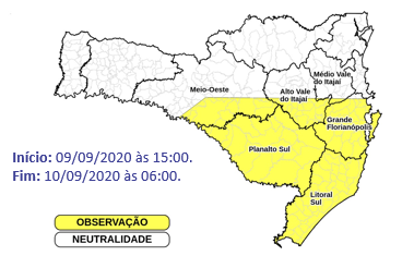 Nas áreas em amarelo, há chances de chuva com rajada de vento e granizo nesta quarta – Foto: Defesa Civil/Divulgação