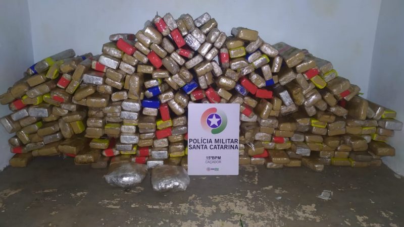 Cerca de 240 kg de maconha estavam em um Fiat Uno com placas adulteradas – Foto: PM de Ca&ccedil;ador
