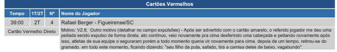 Trecho da s&uacute;mula do &aacute;rbitro Rafael Traci, onde ele relata o lance com o zagueiro Alem&atilde;o – Foto: CBF/divulga&ccedil;&atilde;o