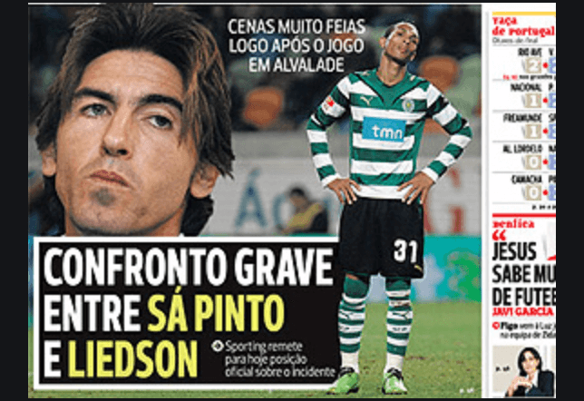 Agress&atilde;o de S&aacute; Pinto a Liedson ganhou as manchetes portuguesas – Foto: Reprodu&ccedil;&atilde;o