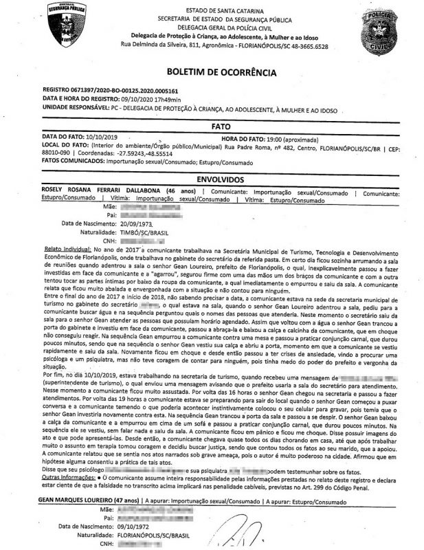 Boletim de Ocorr&ecirc;ncia em que ex-servidora acusa Gean Loureiro de estupro – Foto: Reprodu&ccedil;&atilde;o/ND