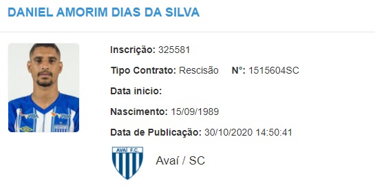 Rescis&atilde;o de Daniel Amorim com o Ava&iacute; &eacute; publicada no BID da CBF – Foto: Reprodu&ccedil;&atilde;o/ND