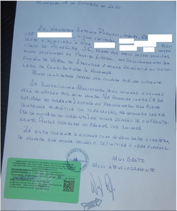 Wander Pugliesi, conhecido por possuir uma piscina com uma su&aacute;stica nazista em Pomerode, escreveu carta de ren&uacute;ncia &agrave; candidatura de vereador a Justi&ccedil;a Eleitoral – Foto: TSE/Divulga&ccedil;&atilde;o