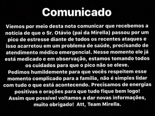 Fam&iacute;la de Mirella fez um comunicado no Instagram da cantora – Foto: Reprodu&ccedil;&atilde;o/Instagram
