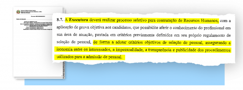 Cláusula do contrato de gestão assinado em outubro de 2018 prevê processo seletivo para garantir isonomia de escolha, ato que não foi realizado pelo IMAS, segundo a SES – Arte: Rogério Moreira Júnior/ND
