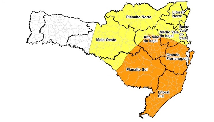 Alerta vale para regi&otilde;es em amarelo e laranja – Foto: Defesa Civil/Divulga&ccedil;&atilde;o