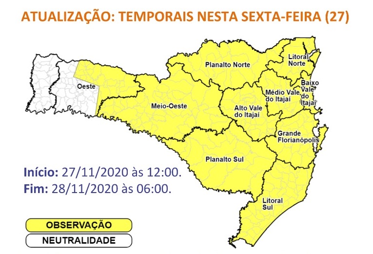 &Aacute;reas em amarelo tem chances de temporais – Foto: Reprodu&ccedil;&atilde;o/Defesa Civil