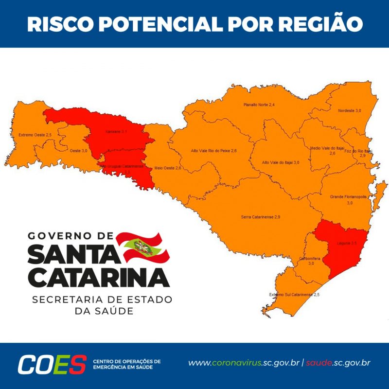 Mapa de risco divulgado pela SES nesta quarta-feira – Foto: Divulgação/ND