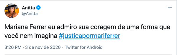Anitta usou a #justicapormariferrer em seus coment&aacute;rios no Twitter – Foto: Twitter/Reprodu&ccedil;&atilde;o