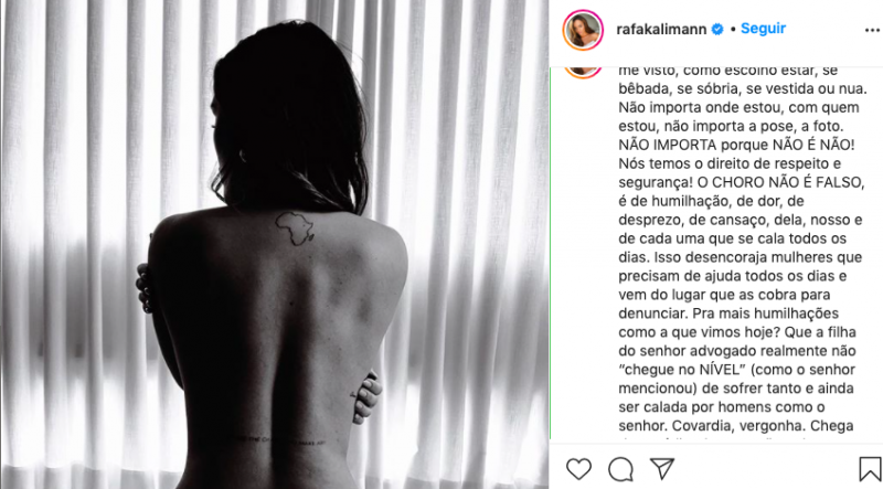 Modelo Rafa Kalimann em post no Instagram. Legenda e foto de costas sem roupa