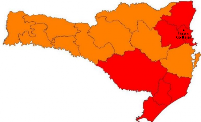 Mapa que mostra a matriz de transmiss&atilde;o da Covid-19 por regi&otilde;es. – Foto: Reprodu&ccedil;&atilde;o ND Mais/Governo de SC
