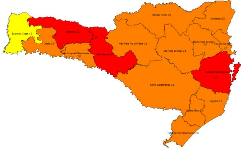 No mapa desta quarta-feira (11) a região estava no risco gravíssimo (cor vermelha). &#8211; Foto: Governo de Santa Catarina