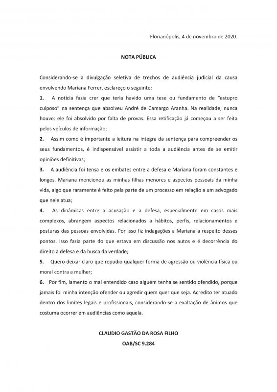 Nota do advogado de defesa Cláudio Gastão da Rosa Filho – Foto: Divulgação