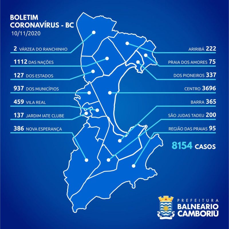 Mapa de casos confirmados de Covid-19 por bairros. – Foto: Prefeitura de Balne&aacute;rio Cambori&uacute;