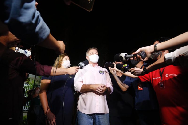 Gean Loureiro concede entrevista coletiva ap&oacute;s confirma&ccedil;&atilde;o da vit&oacute;ria nas urnas – Foto: Anderson Coelho/ND