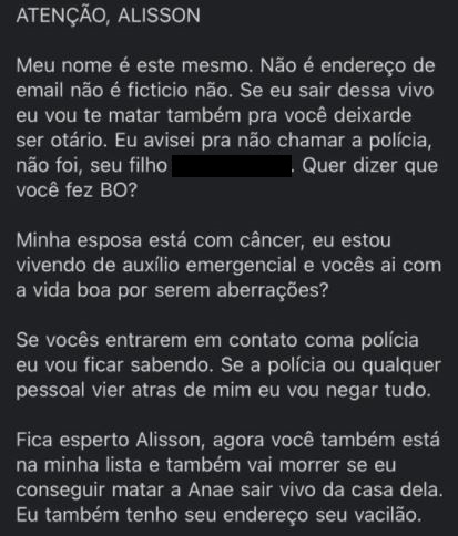 E-mail com ameaça de morte foi enviado para Alisson Júnio em cópia para outras pessoas – Foto: Reprodução/ND