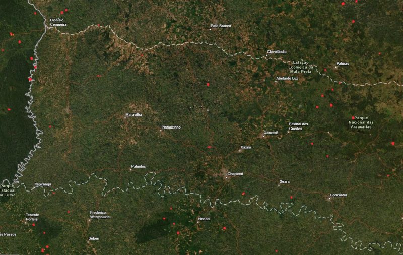 Pontos em vermelho no mapa correspondem a inc&ecirc;ndios – Foto: Reprodu&ccedil;&atilde;o Nasa/Divulga&ccedil;&atilde;o/ND