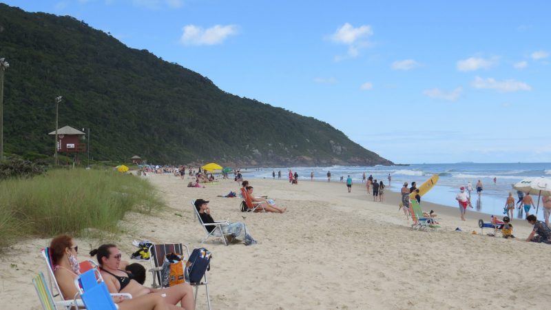 Foto da Praia dos Ingleses, em Florianópolis. No centro da foto, uma faixa larga de areia com pessoas sentadas em cadeiras de praia e caminhando. No canto direito da foto, o mar. Ao fundo, um morro verde cerca parte da areia e do mar. 